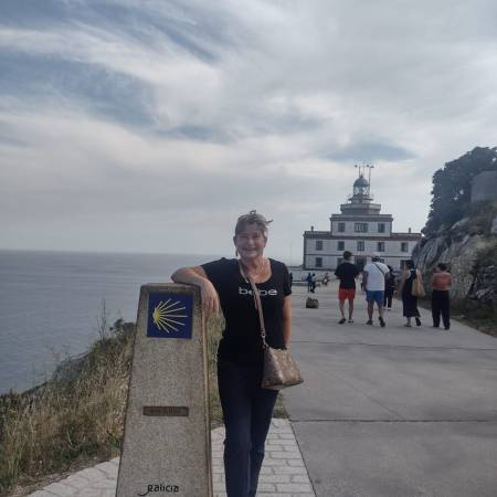 Teresa Dovalpage at Km 0,000, Cabo Finisterre.